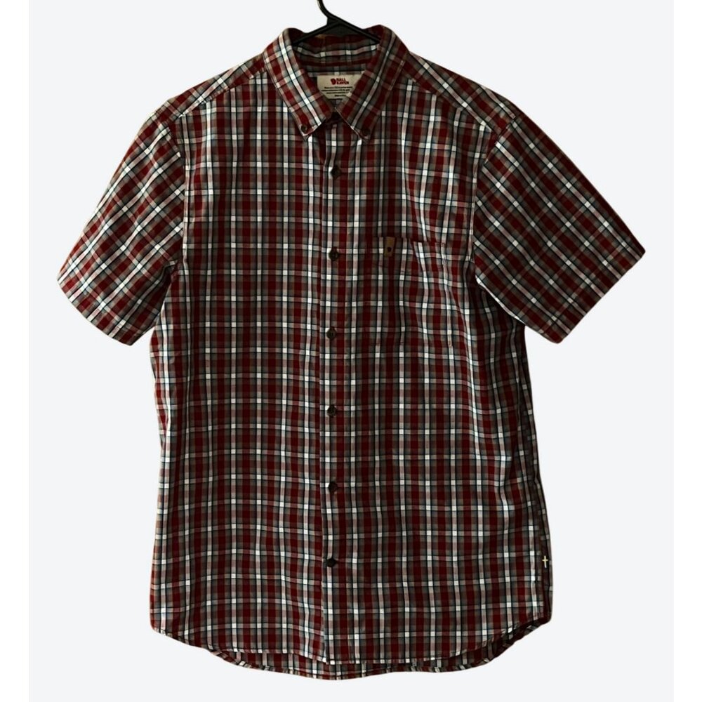 Fjallraven Men's Small Short Sleeve Red Blue Black White Plaid Ovik Travel Shirt